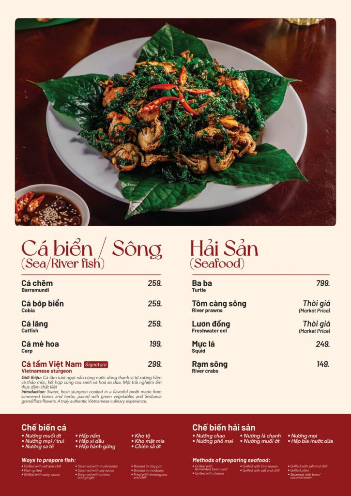 Danh sách món cá biển, cá sông và hải sản tươi sống menu Haan Boutique Resort
