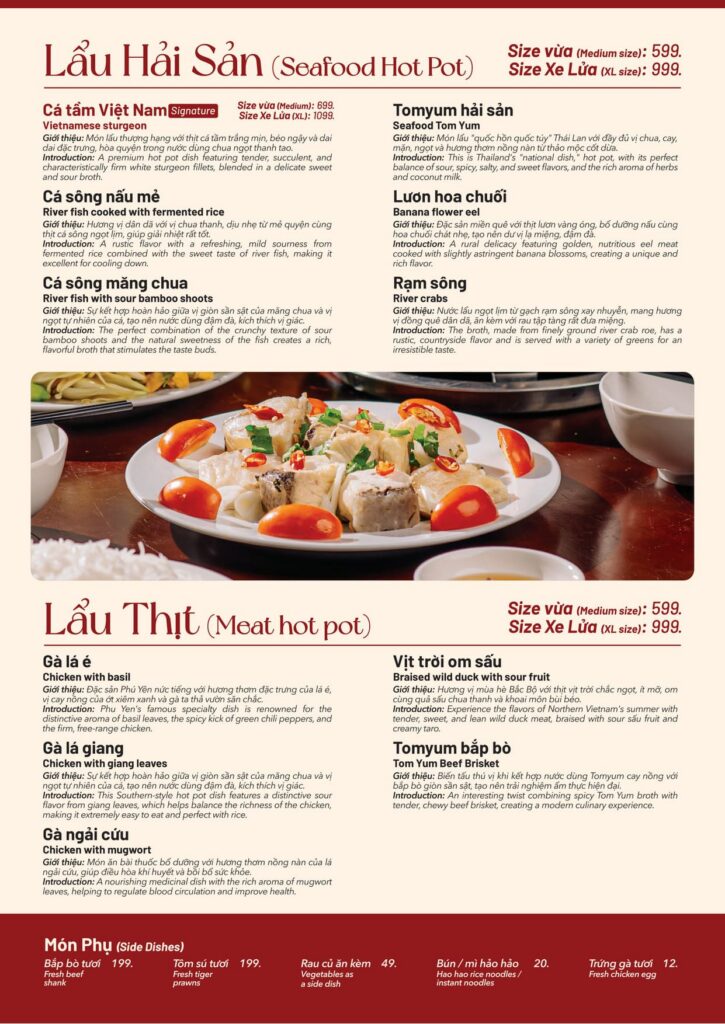 Menu đặc sắc tại Haan Boutique Resort Menu các loại Lẩu Hải Sản, Lẩu Thịt và món ăn kèm tại nhà hàng Haan Resort