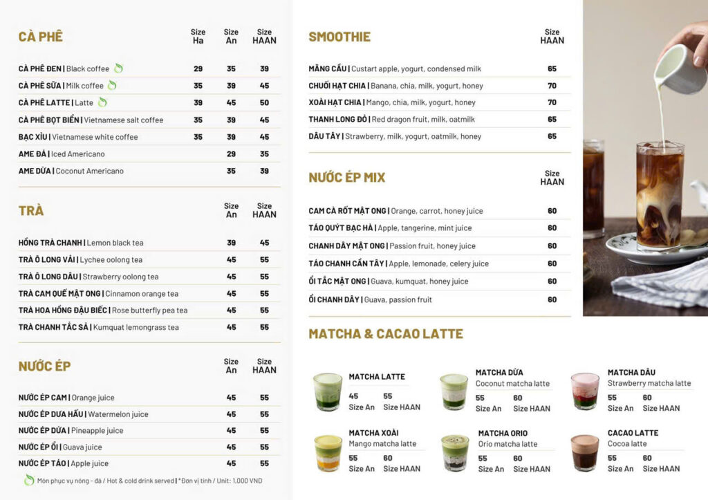 Menu cafe tại HAAN Boutique Resort